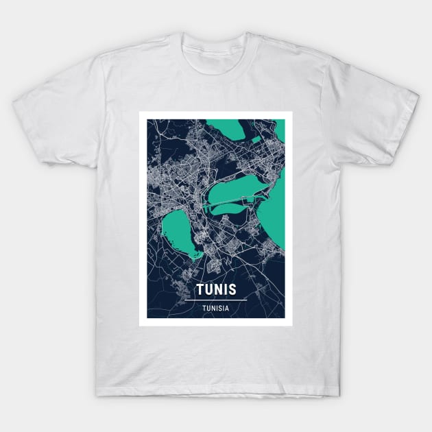 Tunis Blue Dark Color City Map T-Shirt by tienstencil